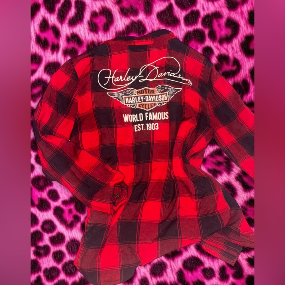 Y2K vintage Harley-Davidson Red & Black Plaid Back-Logo button up